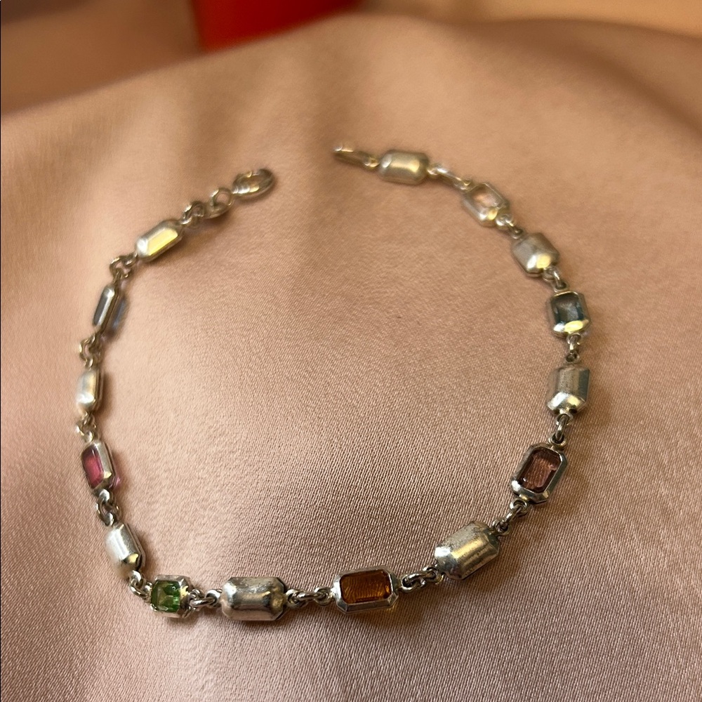 Multicolor Gemstone Station Silver Bracelet - Women Jewelry